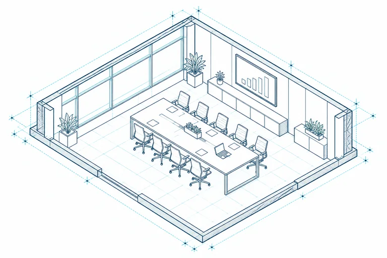 Ilustración isométrica de una sala de juntas en línea